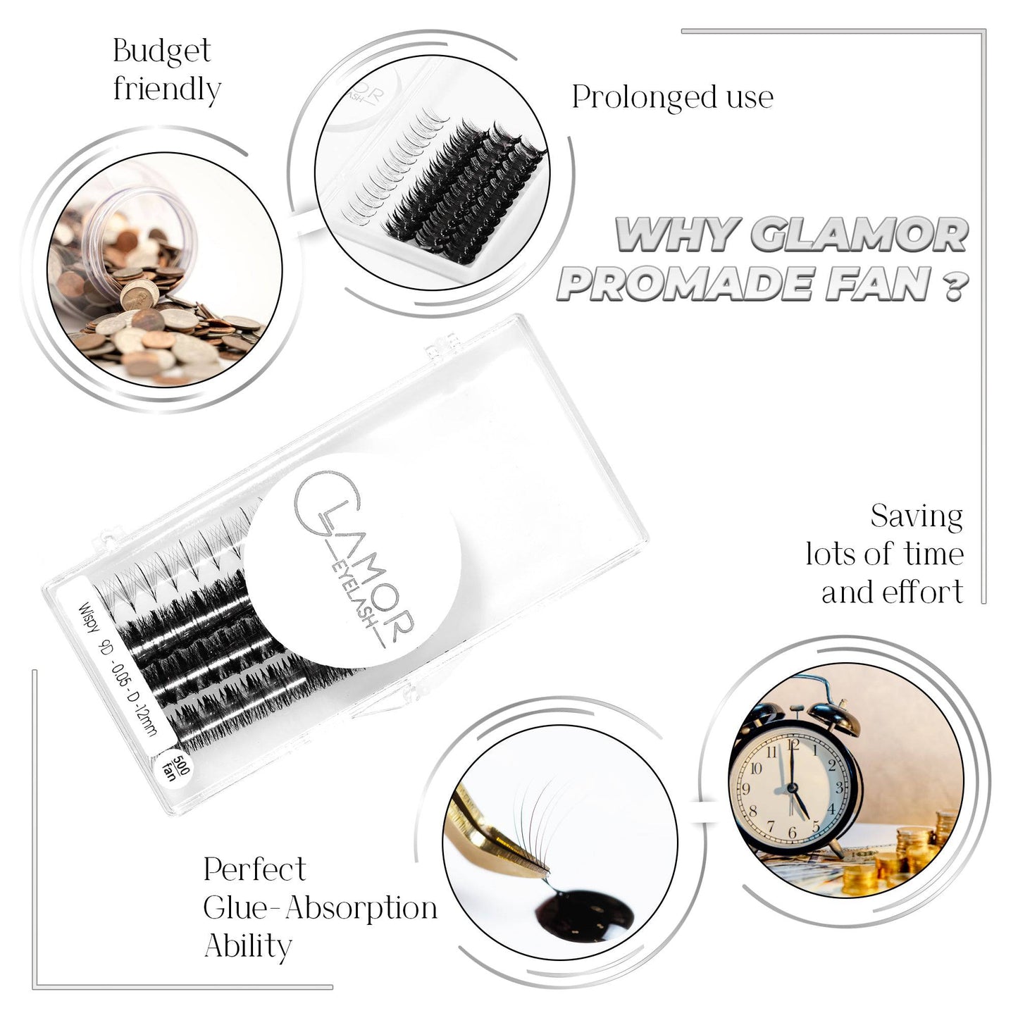 Wispy 5D GLAMOREYELASH 500 FANS Ultra Speed Promade Fans | Natural Wispy Eyelashes Extensions | Handmade Individual Lashes Extension with 0.07mm of Mink Lashes - GlamorEyelash
