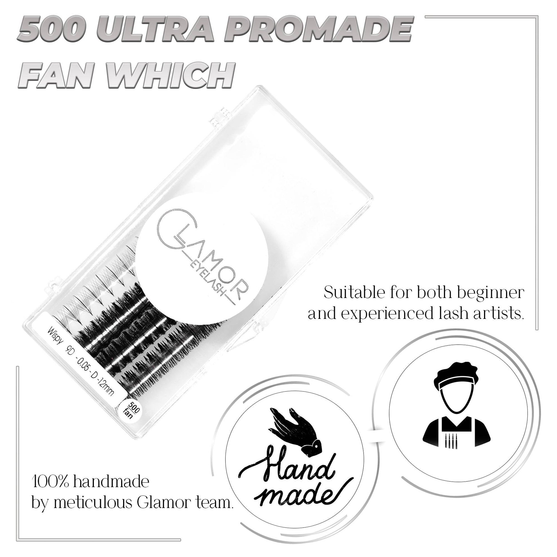 Wispy 5D GLAMOREYELASH 500 FANS Ultra Speed Promade Fans | Natural Wispy Eyelashes Extensions | Handmade Individual Lashes Extension with 0.07mm of Mink Lashes - GlamorEyelash
