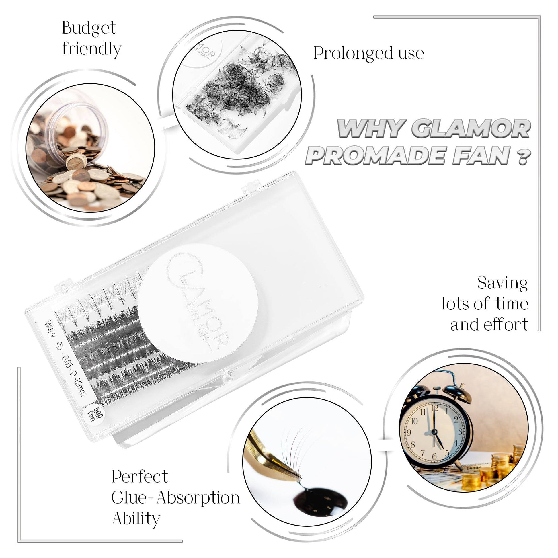 Wispy  9D GLAMOREYELASH 500 FANS Ultra Speed Promade Fans | Natural Wispy Eyelashes Extensions | Handmade Individual Lashes Extension with 0.05mm of Mink Lashes - GlamorEyelash