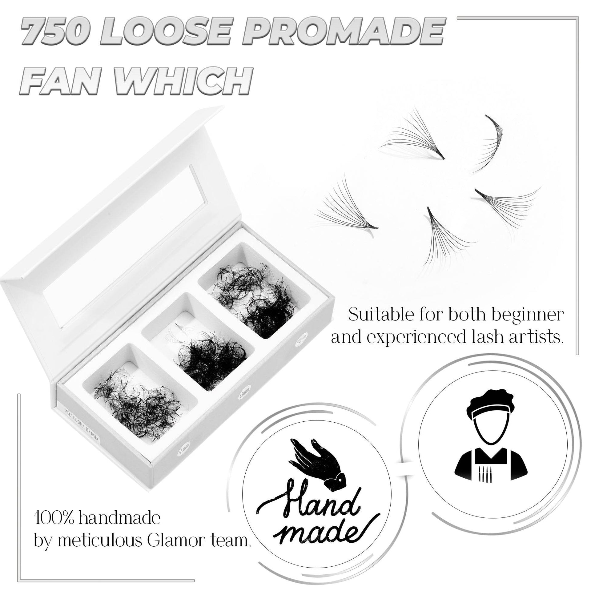 16D Mix 3in1  GLAMOREYELASH 750 Promade Natural Eyelashes Extensions | Loose Mix 3 Fan from 3D to 14D Handmade Individual Lashes | 0.03/0.05/0.07mm Thickness of Mink Lashes | C CC D Curl - GlamorEyelash 