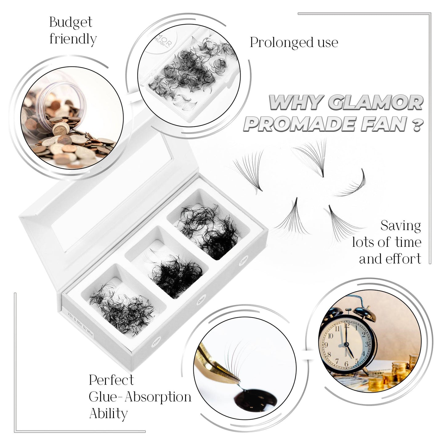 16D Mix 3in1  GLAMOREYELASH 750 Promade Natural Eyelashes Extensions | Loose Mix 3 Fan from 3D to 14D Handmade Individual Lashes | 0.03/0.05/0.07mm Thickness of Mink Lashes | C CC D Curl - GlamorEyelash 
